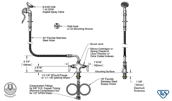 T&S Brass (B-0160) Spray Assembly, Single Hole Base, Angled Spray Valve, 44in Flexible Hose additional product graphic