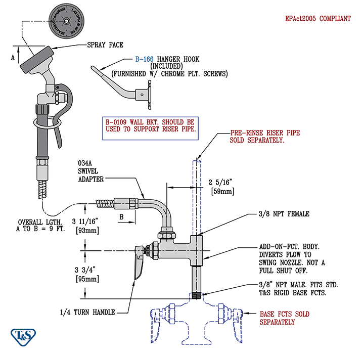 T&S Brass (B-0165) Spray Assembly: Add-On Faucet W/ 034A Swivel Adapter, Flexible Hose, Angled Spray Valve additional product graphic
