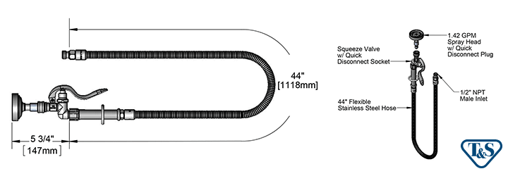 T&S Brass (B-1410) Spray Assembly, 3' Stainless Steel Hose w/ Quick Disconnect Spray Valve additional product graphic