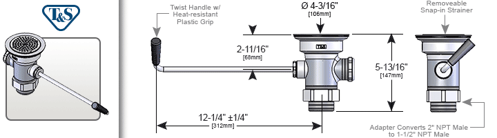 T&S Brass (B-3940) Waste Drain Valve, Twist Handle, 3in x 2in & 1-1/2in Adapter additional product graphic
