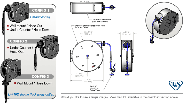 T&S Brass (B-7142-C01) Hose Reel, Enclosed, Stainless Steel, 50' Hose, 3/8in ID w/ Spray Valve additional product graphic