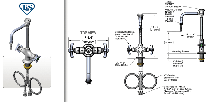 T&S Brass (BL-5704-08) Lab Mixing Faucet, Rigid Vac. Breaker Gooseneck, Serrated Tip additional product graphic