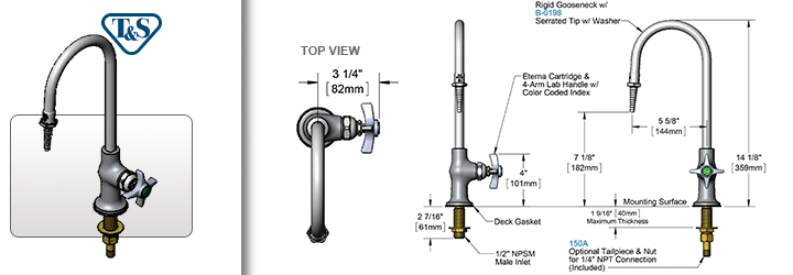T&S Brass (BL-5705-01) Lab Faucet, Single Temperature Control, Rigid Gooseneck, Serrated Tip, 1/2in NPT Male Inlet additional product graphic