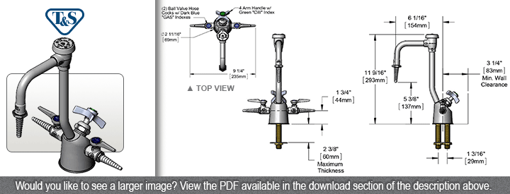 T&S Brass (BL-6005-02) Lab Fixture, Gas & Water, 2 Gas Cocks, 6in Vacuum Breaker Gooseneck w/ Serrated Tip, 3/8in NPT Inlets additional product graphic