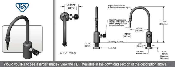 T&S Brass (BL-9505-01) Lab Faucet, Single Control, Grey PVC, Rigid Gooseneck, Serrated Tip, 3/8in NPT Female Inlet, Deck Mounted additional product graphic